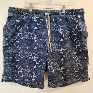 Lands End Mens XL 40-42 x 8" Navy Blue Shell‎ Palm Print Swim Trunks Mesh Liner